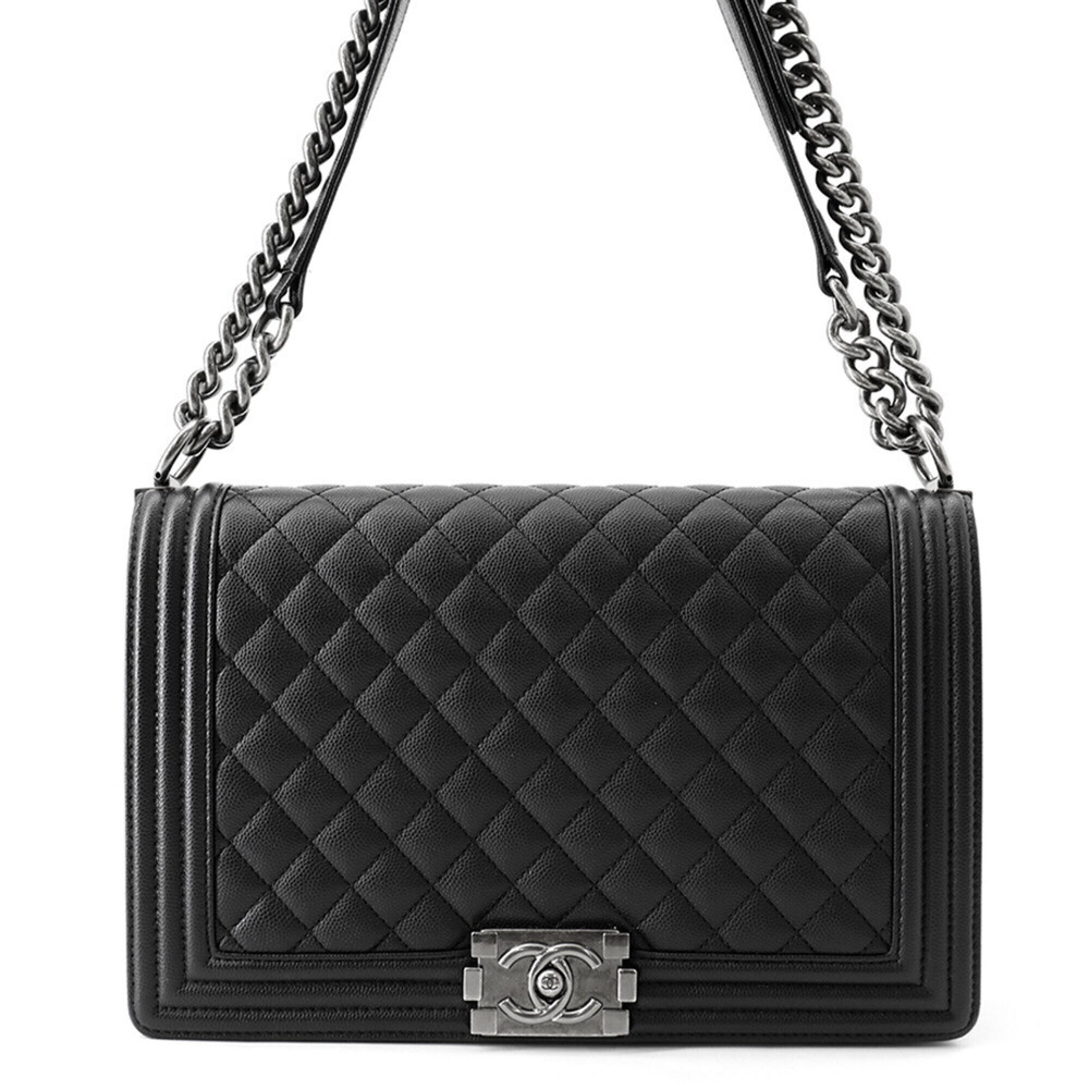 Chanel Chain Shoulder Bag Boy Large Matelassé Coco Mark Caviar Skin A92193 Bl...